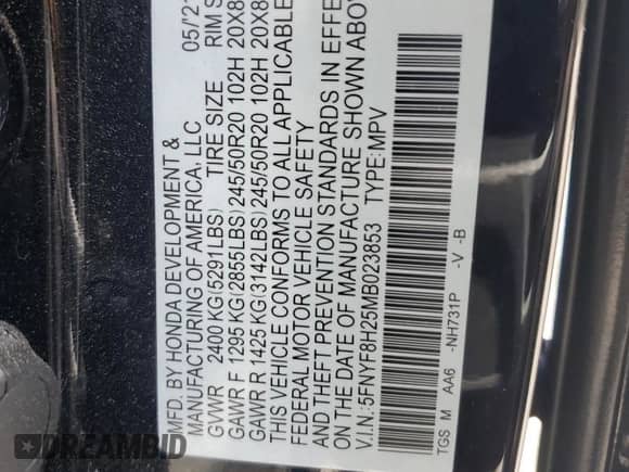 2021 Honda Passport Sport with VIN 5FNYF8H25MB023853, listed as a Copart auction lot 59567505 with 69,850 mi miles and Non repairable. Bid and sale history available at DreamBid. Image 13.