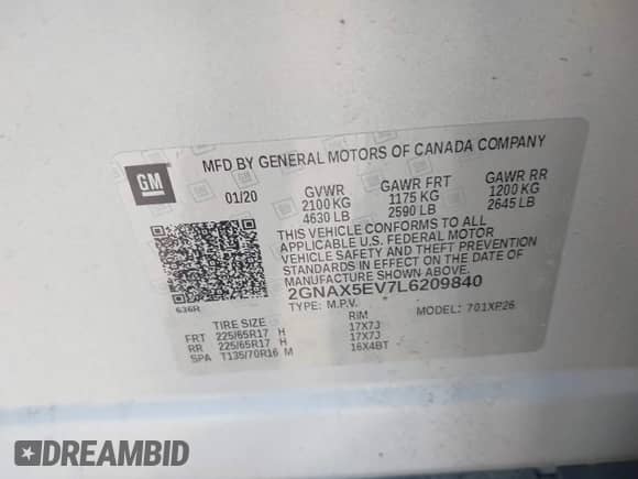 2020 Chevrolet Equinox LS with VIN 2GNAX5EV7L6209840, listed as a IAAI auction lot 42370898 with 87,797 mi miles and . Bid and sale history available at DreamBid. Image 9.