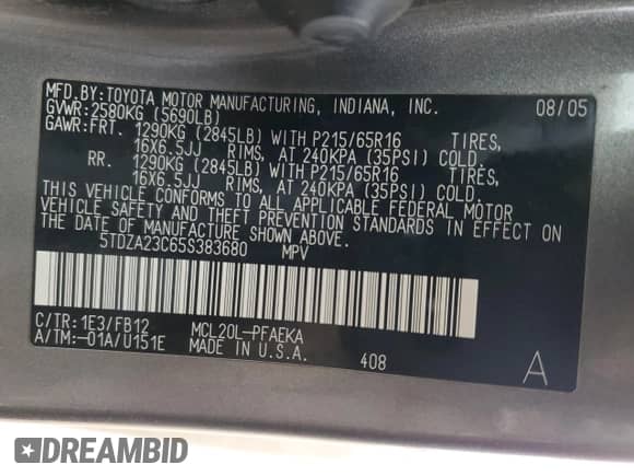2005 Toyota Sienna CE with VIN 5TDZA23C65S383680, listed as a Copart auction lot 86166655 with 205,868 mi miles and Salvage title. Bid and sale history available at DreamBid. Image 14.