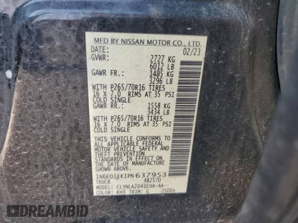 2023 Nissan Frontier Pro-4X z VIN 1N6ED1EK1PN637953, wystawiony jako Copart lot #63077075 z przebiegiem 45 901 mil mil oraz Szkoda całkowita • Salvage title. Historia ofert i sprzedaży dostępna na DreamBid. Obrazek 13.