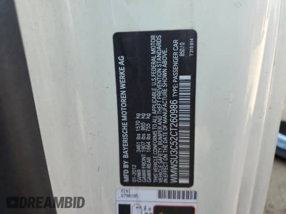 2012 MINI Hardtop с VIN WMWSU3C52CT260986, выставлен на аукционе Copart как лот 81976875 с пробегом 130 257 миль миль и Списание • Salvage title. История ставок и продаж доступна на DreamBid. Изображение 12.