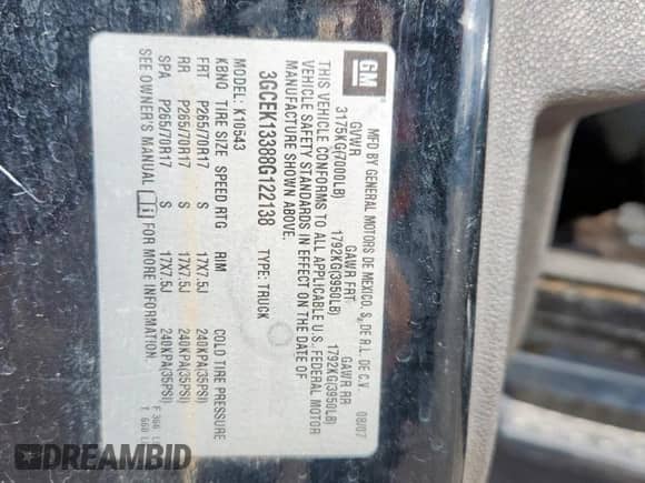 2008 Chevrolet Silverado 1500 1LT с VIN 3GCEK13388G122138, выставлен на аукционе Copart как лот 81520425 с пробегом 145 124 миль миль и Списание • Salvage title. История ставок и продаж доступна на DreamBid. Изображение 13.