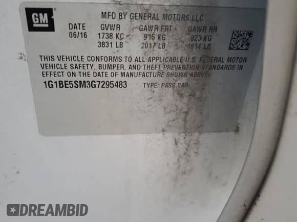 2016 Chevrolet Cruze LT с VIN 1G1BE5SM3G7295483, выставлен на аукционе Copart как лот 70898485 с пробегом 156 330 миль миль и Списание • Salvage title. История ставок и продаж доступна на DreamBid. Изображение 12.