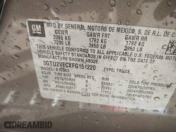 2015 GMC Sierra 1500 SLT z VIN 3GTU2VECXFG151220, wystawiony jako IAAI lot #43487605 z przebiegiem 128 617 mil mil oraz . Historia ofert i sprzedaży dostępna na DreamBid. Obrazek 9.