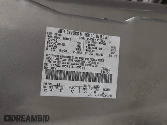 2001 Ford Explorer с VIN 1FMDU85P41UB09142, выставлен на аукционе IAAI как лот 43375649 с пробегом 178 831 миль миль и . История ставок и продаж доступна на DreamBid. Изображение 9.