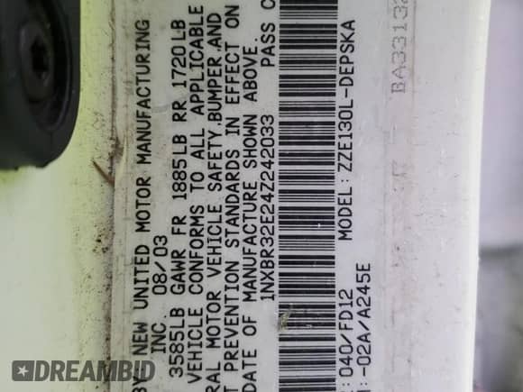 2004 Toyota Corolla S with VIN 1NXBR32E24Z242033, listed as a Copart auction lot 91136595 with 218,641 mi miles and Clean title. Bid and sale history available at DreamBid. Image 12.