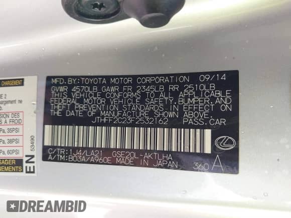 2015 Lexus IS 250 C with VIN JTHFF2C23F2532162, listed as a IAAI auction lot 41850617 with 56,145 mi miles and . Bid and sale history available at DreamBid. Image 9.