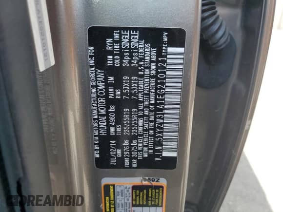 2014 Hyundai Santa Fe with VIN 5XYZW3LA1EG210121, listed as a Copart auction lot 68823255 with 117,207 mi miles and Salvage title. Bid and sale history available at DreamBid. Image 13.
