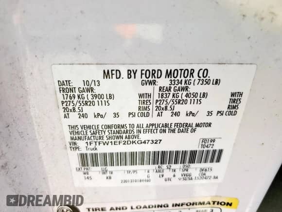 2013 Ford F-150 XLT with VIN 1FTFW1EF2DKG47327, listed as a Copart auction lot 85078725 with 257,080 mi miles and Salvage title. Bid and sale history available at DreamBid. Image 12.