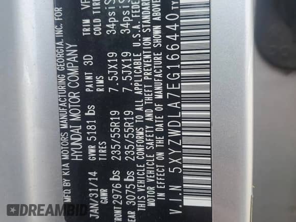 2014 Hyundai Santa Fe with VIN 5XYZWDLA7EG166440, listed as a Copart auction lot 72062825 with 187,966 mi miles and Salvage title. Bid and sale history available at DreamBid. Image 13.