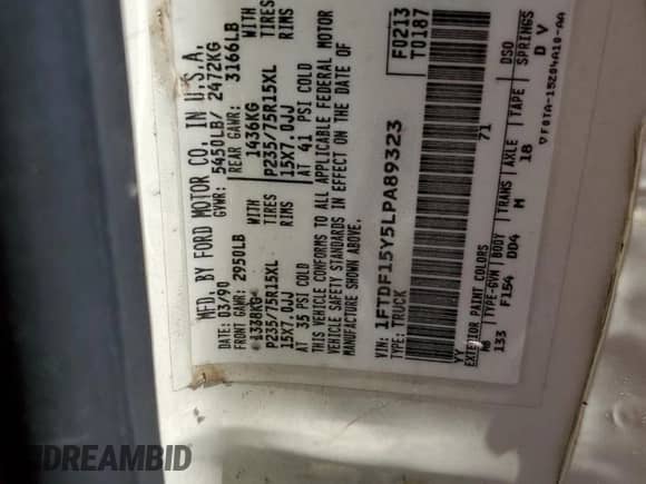 1990 Ford F-150 z VIN 1FTDF15Y5LPA89323, wystawiony jako Copart lot #62608275 z przebiegiem 86 922 mil mil oraz Czysty tytuł • Clean title. Historia ofert i sprzedaży dostępna na DreamBid. Obrazek 12.