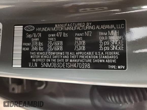 2025 Hyundai Tucson SEL with VIN 5NMJB3DE1SH470398, listed as a Copart auction lot 89504715 with Not provided miles and Clean title. Bid and sale history available at DreamBid. Image 14.