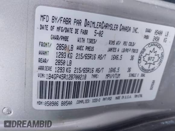 2002 Dodge Caravan SE с VIN 1B4GP45R12B700218, выставлен на аукционе IAAI как лот 41326447 с пробегом 170 238 миль миль и . История ставок и продаж доступна на DreamBid. Изображение 9.
