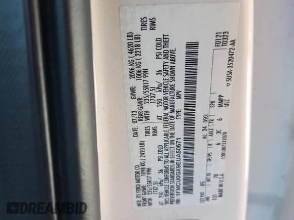 2014 Ford Escape SE с VIN 1FMCU0GX9EUA50671, выставлен на аукционе Copart как лот 89681825 с пробегом 107 150 миль миль и Списание • Salvage title. История ставок и продаж доступна на DreamBid. Изображение 13.