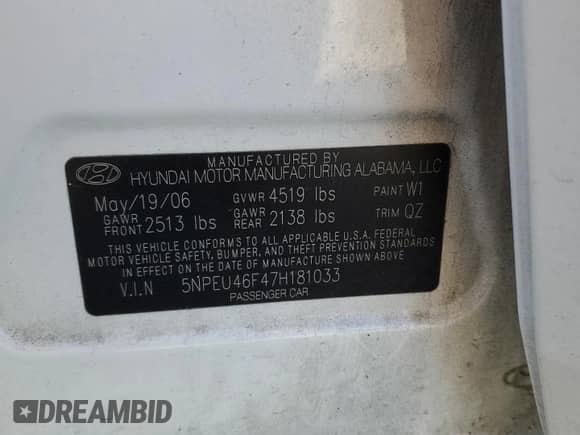 2007 Hyundai Sonata SE с VIN 5NPEU46F47H181033, выставлен на аукционе Copart как лот 86835475 с пробегом 234 703 миль миль и Списание • Salvage title. История ставок и продаж доступна на DreamBid. Изображение 12.