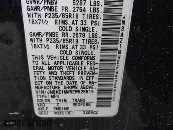 2014 Nissan Murano SL with VIN JN8AZ1MW5EW525515, listed as a IAAI auction lot 41104648 with 123,484 mi miles and . Bid and sale history available at DreamBid. Image 9.