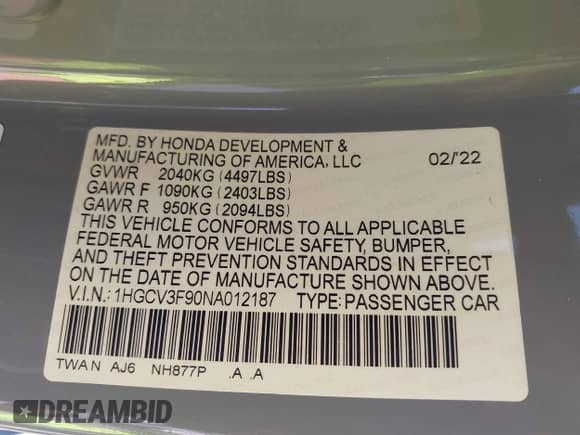 2022 Honda Accord Touring с VIN 1HGCV3F90NA012187, выставлен на аукционе IAAI как лот 43021668 с пробегом 30 716 миль миль и . История ставок и продаж доступна на DreamBid. Изображение 9.