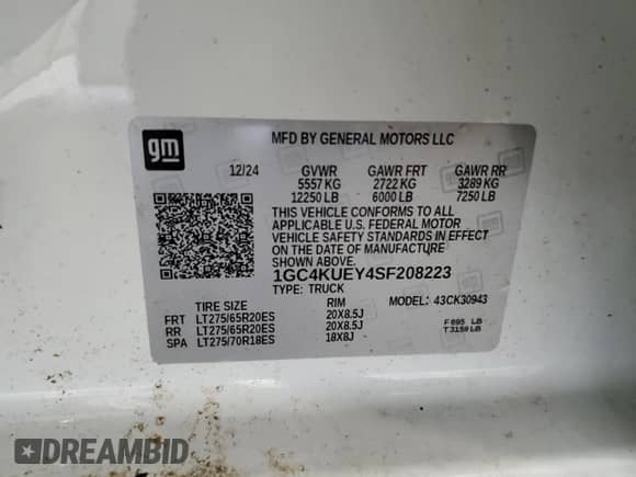 2025 Chevrolet Silverado 3500HD LTZ с VIN 1GC4KUEY4SF208223, выставлен на аукционе Copart как лот 55102665 с пробегом 5 882 миль миль и Списание • Salvage title. История ставок и продаж доступна на DreamBid. Изображение 12.