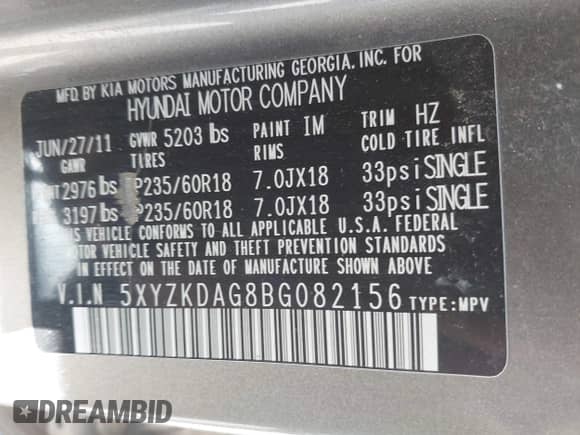 2011 Hyundai Santa Fe Limited with VIN 5XYZKDAG8BG082156, listed as a IAAI auction lot 43328593 with 186,171 mi miles and . Bid and sale history available at DreamBid. Image 9.