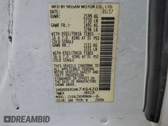 2017 Nissan Frontier Desert Runner with VIN 1N6DD0ER1HN746420, listed as a Copart auction lot 61872095 with 90,404 mi miles and Salvage title. Bid and sale history available at DreamBid. Image 12.