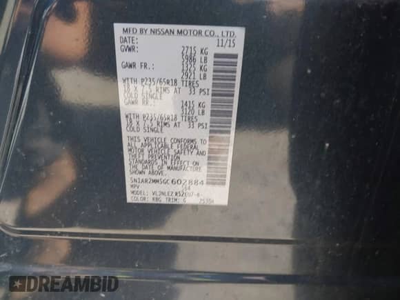 2016 Nissan Pathfinder Platinum with VIN 5N1AR2MM5GC602884, listed as a IAAI auction lot 42858173 with 170,888 mi miles and . Bid and sale history available at DreamBid. Image 9.