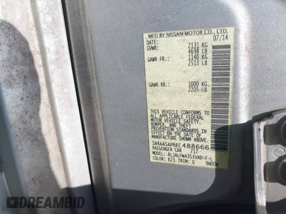 2014 Nissan Maxima S z VIN 1N4AA5AP6EC488666, wystawiony jako IAAI lot #42982216 z przebiegiem 250 486 mil mil oraz . Historia ofert i sprzedaży dostępna na DreamBid. Obrazek 9.