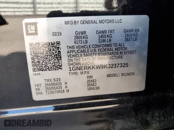 2019 Chevrolet Traverse Premier with VIN 1GNERKKW9KJ237325, listed as a Copart auction lot 85884305 with 47,856 mi miles and Salvage title. Bid and sale history available at DreamBid. Image 13.