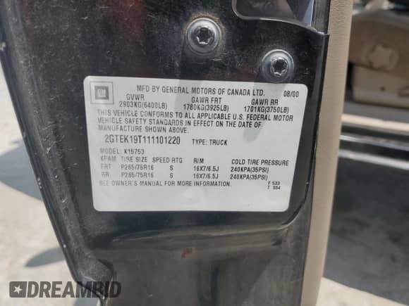 2001 GMC Sierra 1500 SLE с VIN 2GTEK19T111101220, выставлен на аукционе Copart как лот 66228545 с пробегом 207 917 миль миль и Списание • Salvage title. История ставок и продаж доступна на DreamBid. Изображение 12.