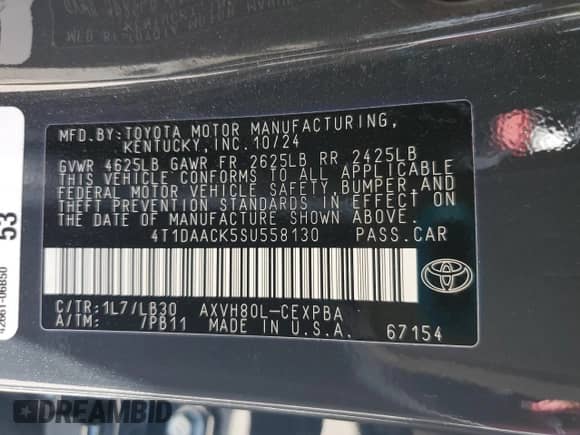 2025 Toyota Camry LE with VIN 4T1DAACK5SU558130, listed as a Copart auction lot 63042455 with 8,583 mi miles and Non repairable. Bid and sale history available at DreamBid. Image 12.