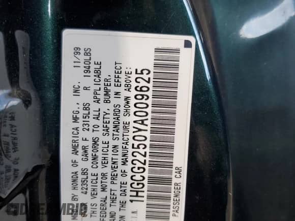 2000 Honda Accord EX with VIN 1HGCG2250YA009625, listed as a Copart auction lot 70960105 with 254,172 mi miles and Clean title. Bid and sale history available at DreamBid. Image 12.