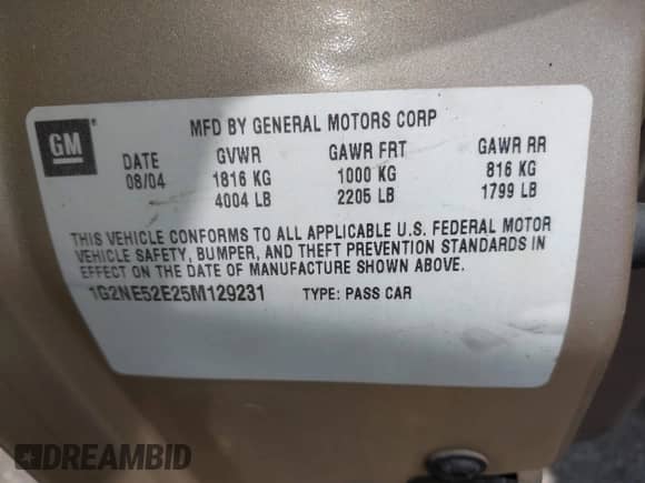 2005 Pontiac Grand Am SE с VIN 1G2NE52E25M129231, выставлен на аукционе IAAI как лот 42601107 с пробегом 173 006 миль миль и . История ставок и продаж доступна на DreamBid. Изображение 9.