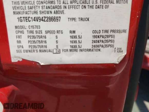 2004 GMC Sierra 1500 SLE с VIN 1GTEC14V94Z286697, выставлен на аукционе Copart как лот 55019814 с пробегом Не указан миль и Списание • Salvage title. История ставок и продаж доступна на DreamBid. Изображение 13.