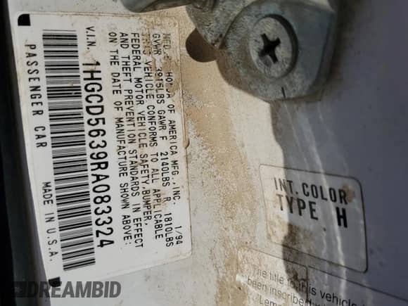 1994 Honda Accord LX z VIN 1HGCD5639RA083324, wystawiony jako Copart lot #84541054 z przebiegiem 175 409 mil mil oraz Szkoda całkowita • Salvage title. Historia ofert i sprzedaży dostępna na DreamBid. Obrazek 12.