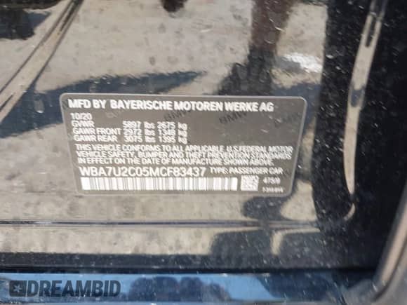 2021 BMW 7 Series 750i xDrive with VIN WBA7U2C05MCF83437, listed as a IAAI auction lot 42403572 with Not provided miles and . Bid and sale history available at DreamBid. Image 9.