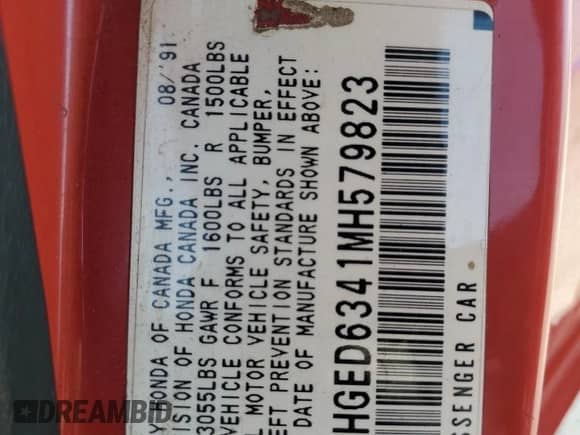 1990 Honda Civic with VIN 2HGED6341MH579823, listed as a Copart auction lot 69636154 with 155,840 mi miles and Clean title. Bid and sale history available at DreamBid. Image 12.