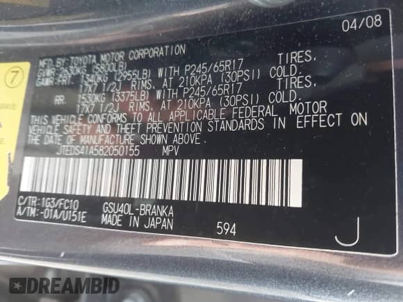 2008 Toyota Highlander z VIN JTEDS41A582050155, wystawiony jako IAAI lot #43231639 z przebiegiem 288 540 mil mil oraz . Historia ofert i sprzedaży dostępna na DreamBid. Obrazek 9.