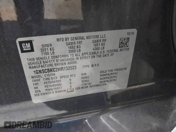 2017 Chevrolet Tahoe LT with VIN 1GNSCBKC2HR132923, listed as a IAAI auction lot 42847378 with 105,804 mi miles and . Bid and sale history available at DreamBid. Image 9.