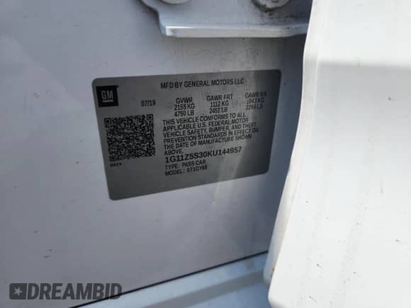 2019 Chevrolet Impala LT с VIN 1G11Z5S30KU144957, выставлен на аукционе Copart как лот 81023955 с пробегом Не указан миль и Списание • Salvage title. История ставок и продаж доступна на DreamBid. Изображение 12.