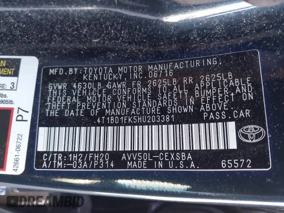 2017 Toyota Camry Hybrid LE with VIN 4T1BD1FK5HU203381, listed as a IAAI auction lot 41356346 with 158,843 mi miles and . Bid and sale history available at DreamBid. Image 9.