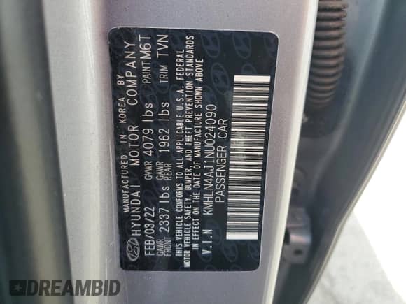 2022 Hyundai Elantra Limited с VIN KMHLN4AJ1NU024090, выставлен на аукционе Copart как лот 81598955 с пробегом 68 082 миль миль и Списание • Salvage title. История ставок и продаж доступна на DreamBid. Изображение 12.