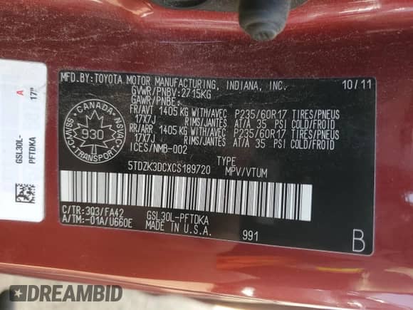 2012 Toyota Sienna with VIN 5TDZK3DCXCS189720, listed as a Copart auction lot 66879435 with 263,075 mi miles and Salvage title. Bid and sale history available at DreamBid. Image 14.