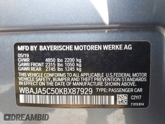 2019 BMW 5 Series 530i with VIN WBAJA5C50KBX87929, listed as a IAAI auction lot 42546731 with 50,129 mi miles and . Bid and sale history available at DreamBid. Image 9.