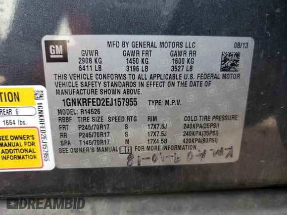 2014 Chevrolet Traverse LS z VIN 1GNKRFED2EJ157955, wystawiony jako Copart lot #81005695 z przebiegiem 158 108 mil mil oraz Czysty tytuł • Clean title. Historia ofert i sprzedaży dostępna na DreamBid. Obrazek 13.