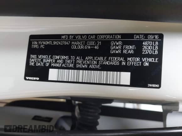 2017 Volvo S60 Dynamic z VIN YV140MTL9H2427847, wystawiony jako IAAI lot #41153688 z przebiegiem 117 465 mil mil oraz . Historia ofert i sprzedaży dostępna na DreamBid. Obrazek 9.