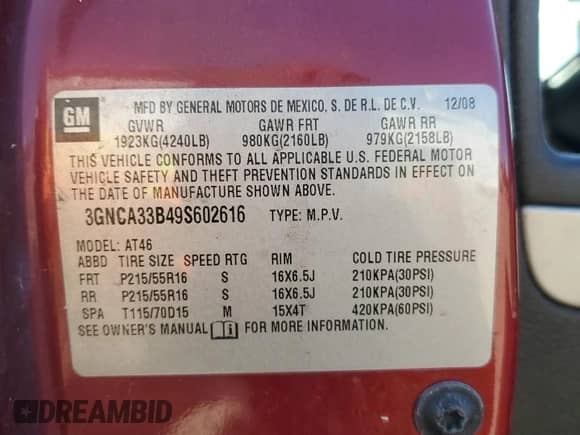 2009 Chevrolet HHR LS с VIN 3GNCA33B49S602616, выставлен на аукционе Copart как лот 85084475 с пробегом 297 502 миль миль и Чистый • Clean title. История ставок и продаж доступна на DreamBid. Изображение 13.