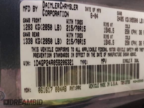2005 Dodge Caravan SE with VIN 1D4GP24R05B206321, listed as a IAAI auction lot 43407335 with 206,806 mi miles and . Bid and sale history available at DreamBid. Image 9.