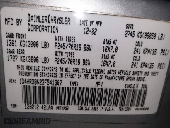 2003 Dodge Durango Sport с VIN 1D4HR38N23F541307, выставлен на аукционе IAAI как лот 43422494 с пробегом 170 457 миль миль и . История ставок и продаж доступна на DreamBid. Изображение 9.