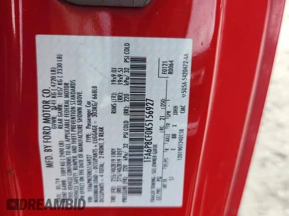 2019 Ford Mustang GT z VIN 1FA6P8CF0K5156927, wystawiony jako Copart lot #84562345 z przebiegiem Nie podano mil oraz Nie do naprawy • Non repairable. Historia ofert i sprzedaży dostępna na DreamBid. Obrazek 12.