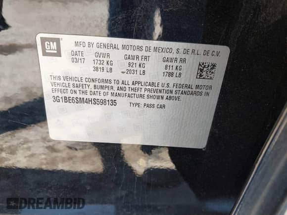 2017 Chevrolet Cruze LT с VIN 3G1BE6SM4HS598135, выставлен на аукционе IAAI как лот 43036034 с пробегом 105 041 миль миль и . История ставок и продаж доступна на DreamBid. Изображение 9.