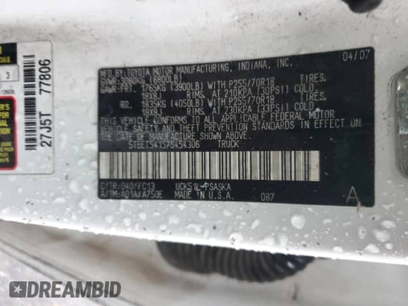 2007 Toyota Tundra SR5 z VIN 5TBET54157S454306, wystawiony jako Copart lot #51086985 z przebiegiem 258 032 mil mil oraz Szkoda całkowita • Salvage title. Historia ofert i sprzedaży dostępna na DreamBid. Obrazek 12.